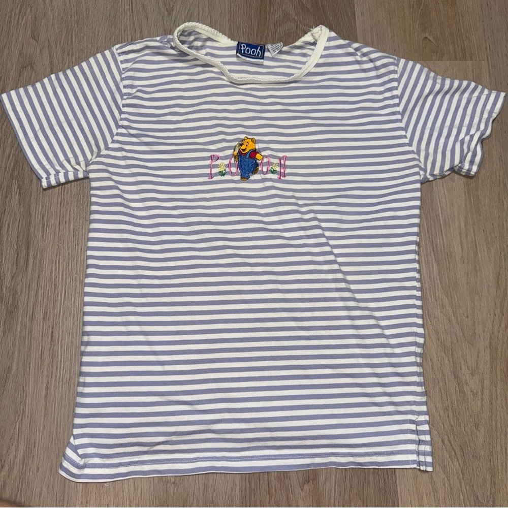 Vintage Pooh Bear Blue & White Striped T-Shirt - Size Medium